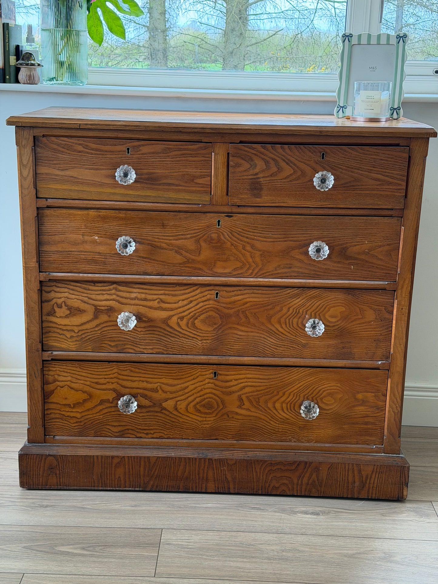 Victorian Ash Chest of Drawers with Original Glass Handles