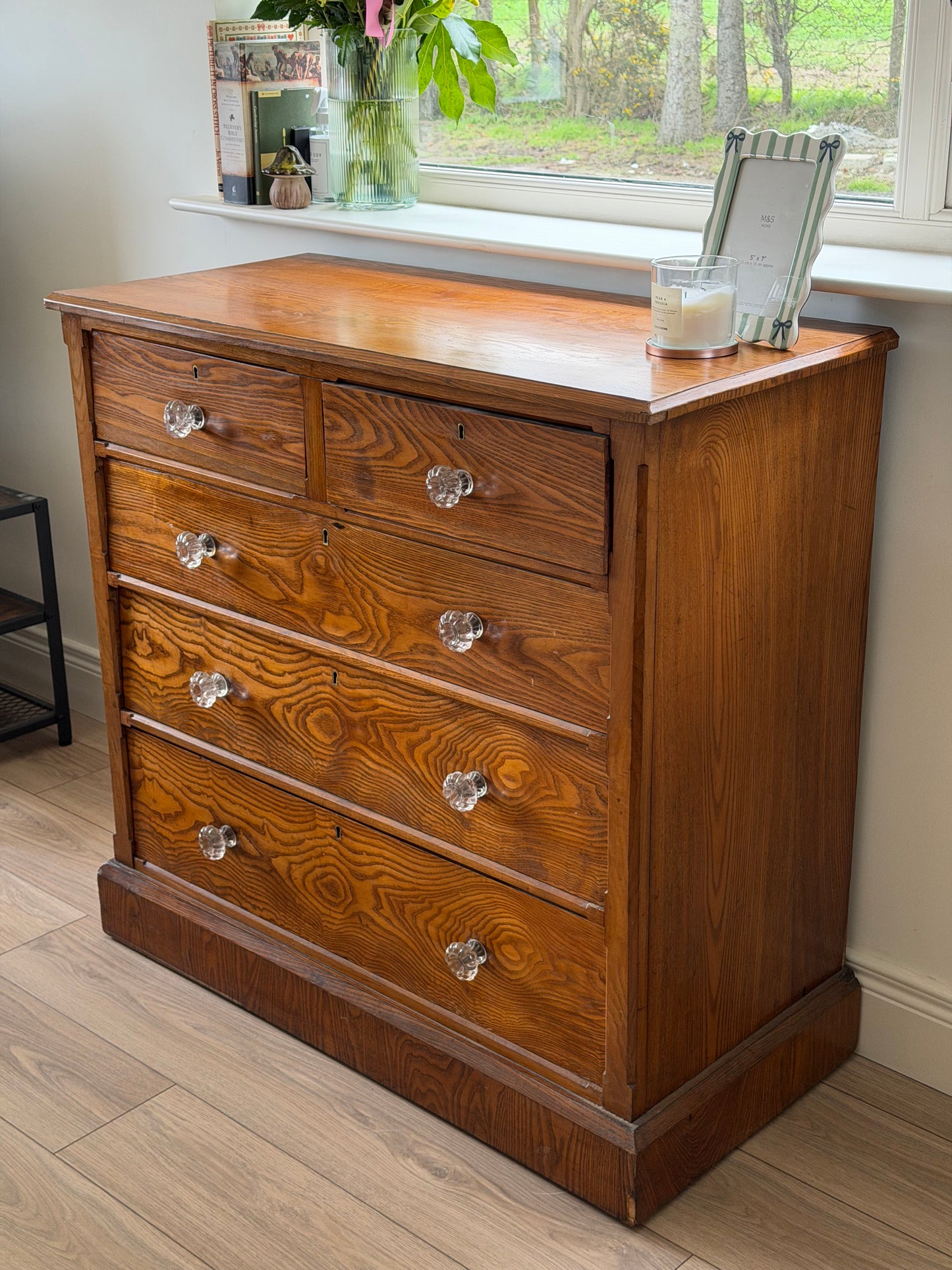 Victorian Ash Chest of Drawers with Original Glass Handles