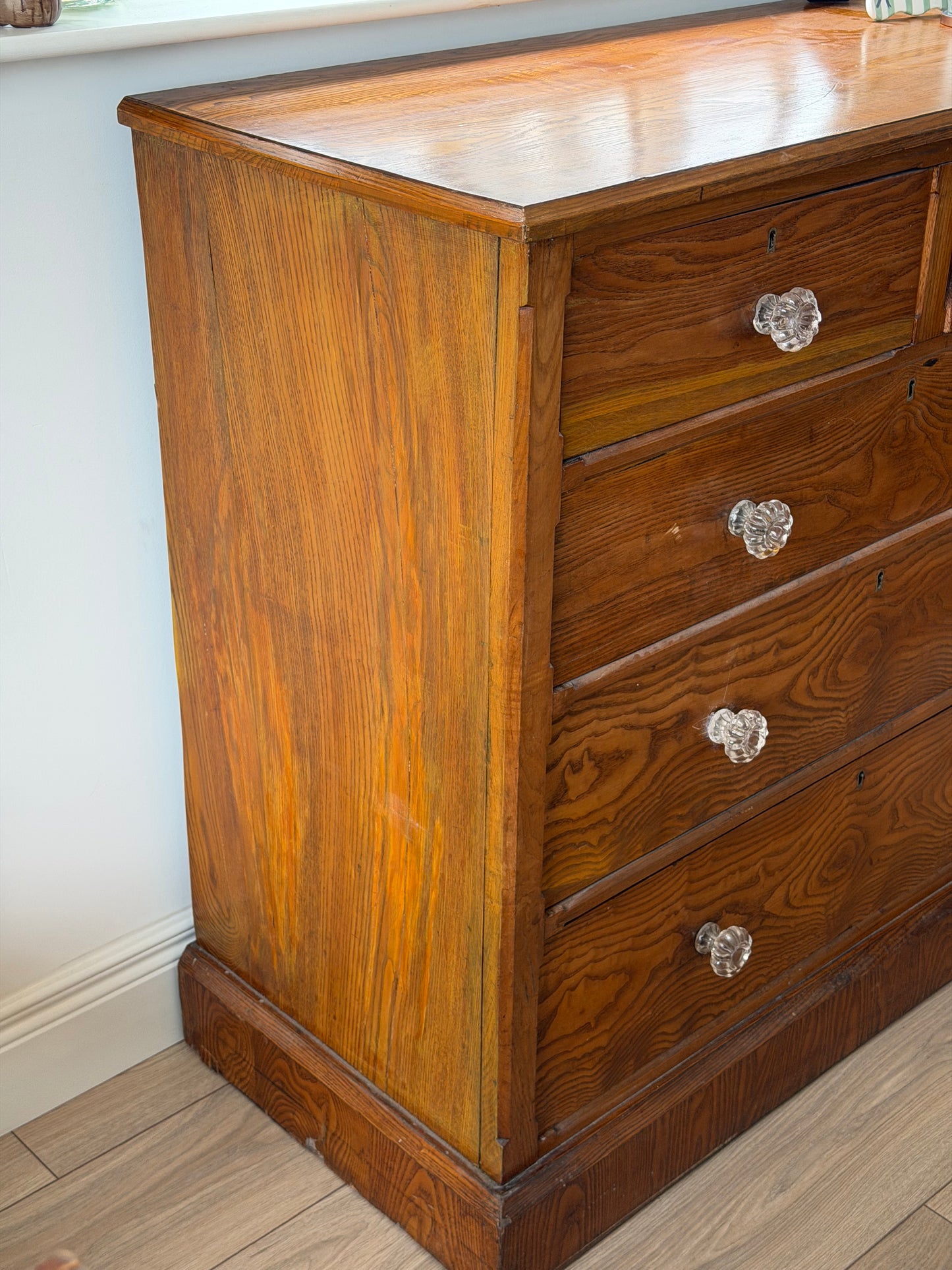 Victorian Ash Chest of Drawers with Original Glass Handles