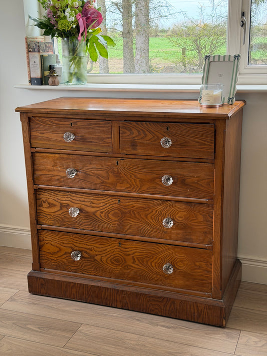 Victorian Ash Chest of Drawers with Original Glass Handles